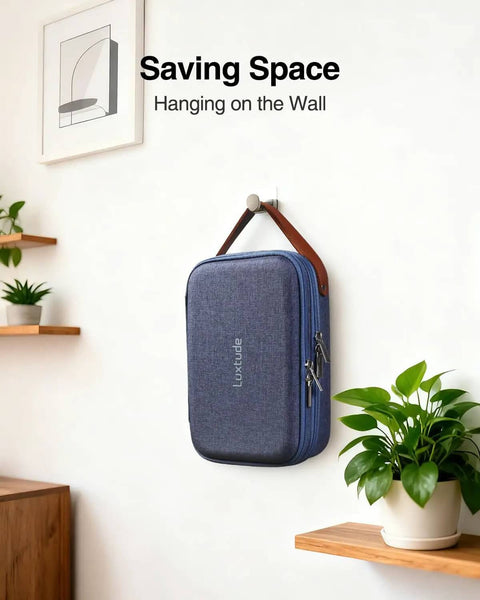 Dope Double Layer Electronic Organizer Travel Case With Rugged Hard Shell Design To Keep Your Tech Rig Neatly Packed Includes Solid Grip Handle hanging on wall, size 8.5 x 5.9 x 3.1 inches.