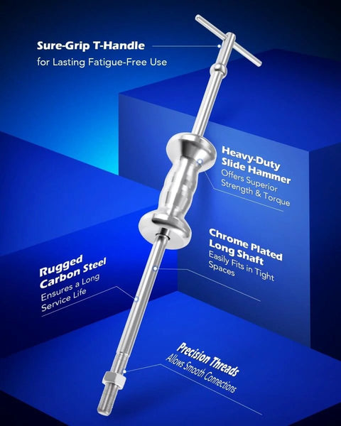 9-Way Internal And External Slide Hammer Puller Set With 5-Lb Hammer detailed view showing T-handle and rugged carbon steel construction.