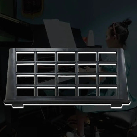 Foldable Metal Keyboard Music Score Stand With Adjustable Tilt for musicians, displaying a grid frame, piano in background