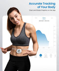 Woman using Smart Body Measuring Tape With Bluetooth App, Retractable 60In Tape Measure For Waist, Hips, Bust, And Arms, Muscle Gain Tracking And Weight Loss Progress, Easy Read Numbers, Graph Your Gains Over Time in front of app graph on screen.