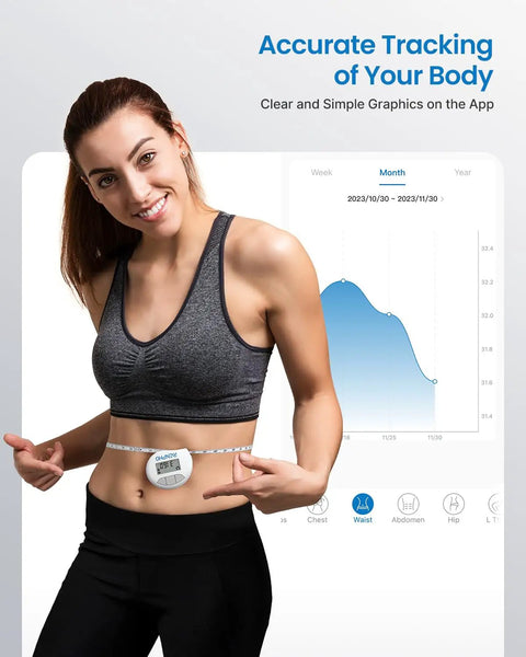 Woman using Smart Body Measuring Tape With Bluetooth App, Retractable 60In Tape Measure For Waist, Hips, Bust, And Arms, Muscle Gain Tracking And Weight Loss Progress, Easy Read Numbers, Graph Your Gains Over Time in front of app graph on screen.