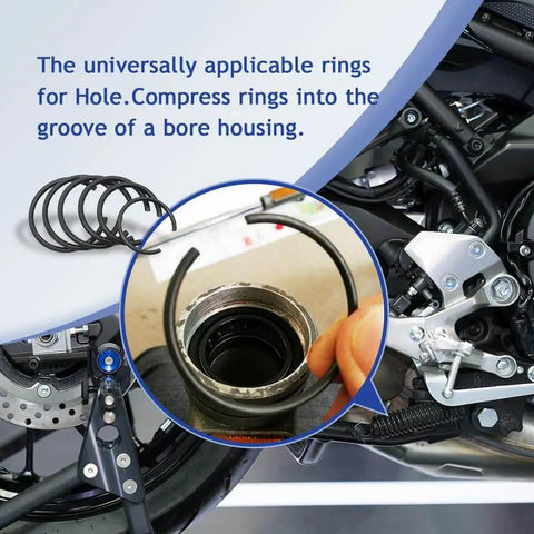Hand holding snap ring from 180 Pcs Snap Ring Set For Holes 4 To 20 Mm In 65Mn Spring Steel Phosphated Surface Retaining Rings Kit For DIYers Round Wire Bearing Stop Rings For Axial Movement
