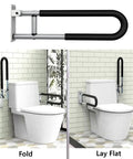 23.6 Inch Foldable Handrail Grab Bar Wall Mounted Toilet Safety Support in folded and flat positions next to toilet.