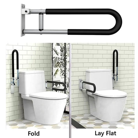 23.6 Inch Foldable Handrail Grab Bar Wall Mounted Toilet Safety Support in folded and flat positions next to toilet.