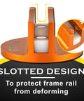 Front view of orange Robbor Pinch Weld Jack Pad, magnetic aluminum jack pad with a slotted design for frame rails.