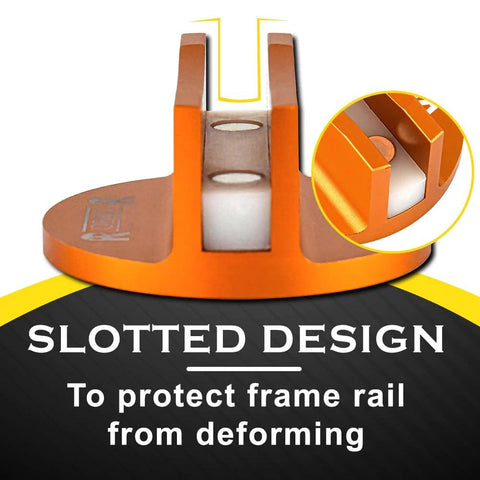 Front view of orange Robbor Pinch Weld Jack Pad, magnetic aluminum jack pad with a slotted design for frame rails.