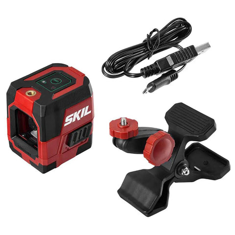 65 Ft Green Cross Line Laser Level With Self Leveling, USB cable, clamp, and carry bag; ideal for cabinetry and trim work.