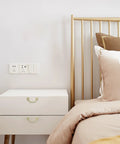 Gold Cabinet Pulls 2 Pack, 2.5 Inch Hole Center Solid Zinc Alloy Drawer Handles on bedside table next to gold bed frame