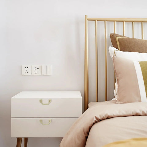 Gold Cabinet Pulls 2 Pack, 2.5 Inch Hole Center Solid Zinc Alloy Drawer Handles on bedside table next to gold bed frame