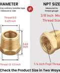 3/8 Inch Male To 1/4 Inch Female NPT Brass Hex Bushing Reducing Adapter For Pipe Fittings size guide with measurements.