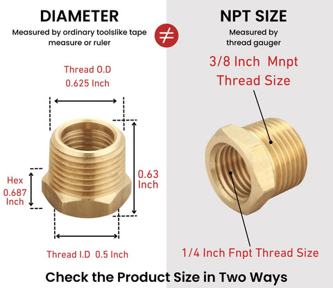 Diagram showing Beefy 3/8 Inch Male To 1/4 Inch Female NPT Brass Hex Bushing Reducing Adapter dimensions