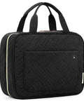 Black quilted ultra large toiletry organizer bag with hook, featuring 4 zip compartments for travel use.