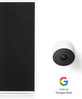 Premium Solar Panel Charger For Google Nest Cam Outdoor Or Indoor beside Nest Cam with white background