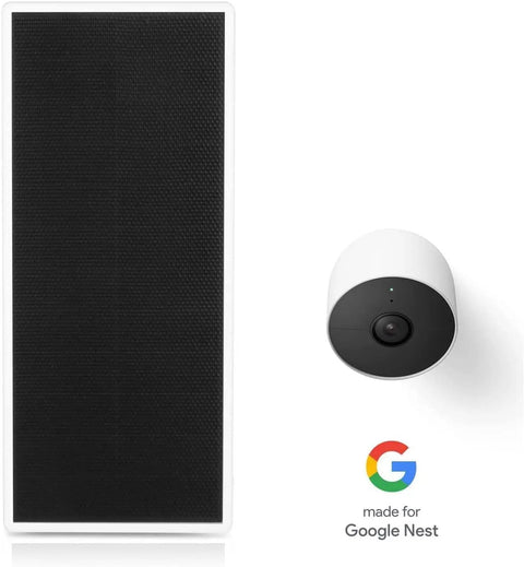 Premium Solar Panel Charger For Google Nest Cam Outdoor Or Indoor beside Nest Cam with white background