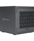 Kickass 4 Bay External Hard Drive Enclosure Running 10Gbps Over USB Type C For Plug And Play SATA HDD Or SSD Hot Swapping Quiet Energy Saving Mode Finished In Sharp Black Design, showing sleek side view.