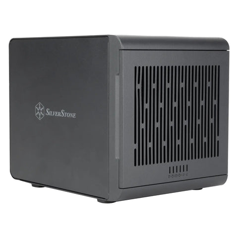 Kickass 4 Bay External Hard Drive Enclosure Running 10Gbps Over USB Type C For Plug And Play SATA HDD Or SSD Hot Swapping Quiet Energy Saving Mode Finished In Sharp Black Design, showing sleek side view.