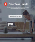 Woman using voice command with Echo device to control ZigBee Smart Plug 4 Pack With Real Time Energy Monitoring And 15A Outlets, Hub Required.