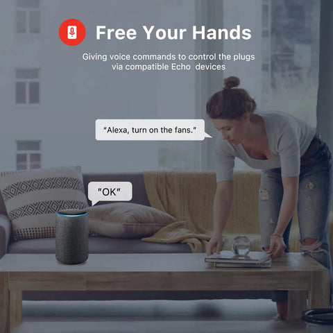 Woman using voice command with Echo device to control ZigBee Smart Plug 4 Pack With Real Time Energy Monitoring And 15A Outlets, Hub Required.