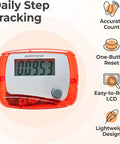 Portable Mini Digital Pedometer With LCD Screen Step Counter Tracking Walking Distance In Miles Calorie Burn And Exercise Time Plus Daily Target Monitor For Walks Runs And Daily Fitness On The Go Red, front view