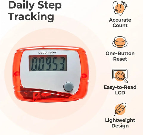 Portable Mini Digital Pedometer With LCD Screen Step Counter Tracking Walking Distance In Miles Calorie Burn And Exercise Time Plus Daily Target Monitor For Walks Runs And Daily Fitness On The Go Red, front view
