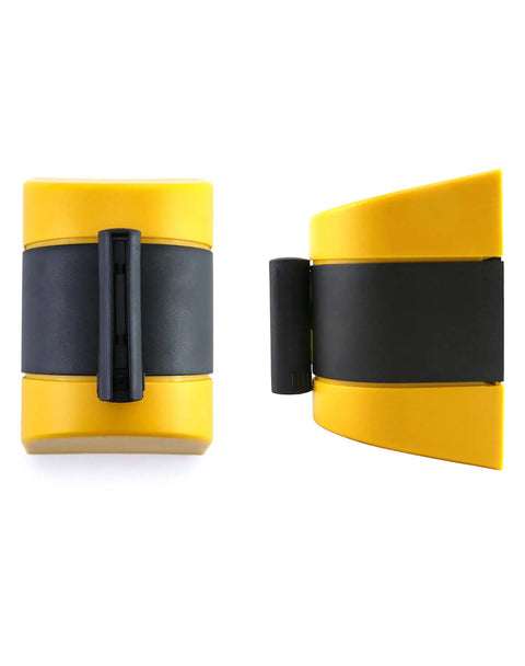Fixed Wall Mount Retractable Belt Barrier With ABS Case 16 Ft Belt Black And Yellow Safety Belt Screws Included Space Saving Crowd Control Solution For Events Warehouses And Busy Venues, showing ABS case and belt mounting angle