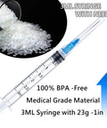 3ml syringe with Luer Lock and clear measurements, 23G needle, with plastic pellets in background indicating material used.