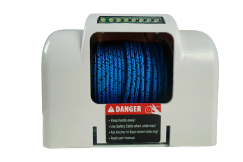 Heavy Duty 45 Lb Electric Anchor Winch With Wireless Remote And 100 Ft Rope For Easy Boat Stopping Power Up From Your 12V System Fast And Smooth, showing blue rope on white drum.