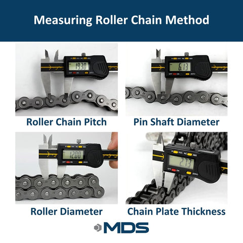 Digital calipers measuring roller chain pitch, pin shaft diameter, roller diameter, and chain plate thickness for precision.