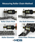 Digital calipers measuring roller chain pitch, pin shaft diameter, roller diameter, and chain plate thickness.