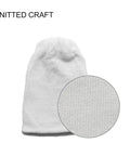 Close-up of a textured white knitted fabric, labeled 'Knitted Craft' with a magnified section highlighting the knit pattern.