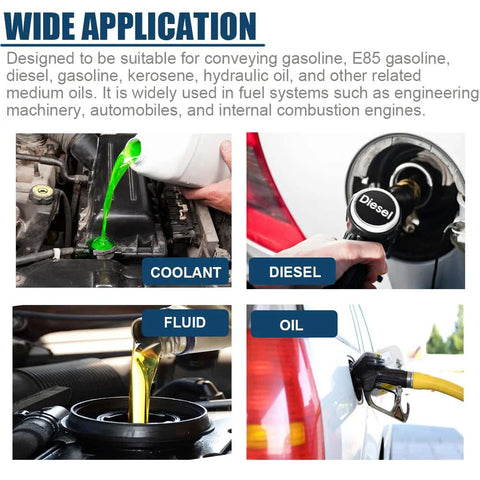 5/8 in high-pressure transmission hose with 10 clamps, four-panel collage showing coolant, diesel, oil and fluid.