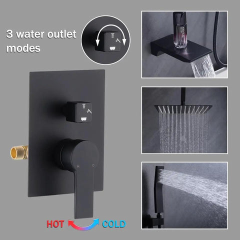 Shower Faucet Set, 12-Inch Rainfall Head, Handheld and Valve, Matte Black with 3 water outlet modes displayed