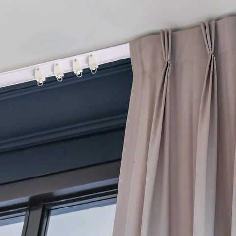 Flexible Curtain Track System Dope Bendable Ceiling Rail For Curved Walls And Wall Mount White 10 Meters Long Includes 80 Rollers 80 Hooks 30 Brackets For Living Room Bedroom RV Divider installed with beige curtain