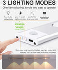 Diagram of LED Under Cabinet Lights With Motion Sensor USB Rechargeable Cat Eye Style Light Bar showing 3 lighting modes control.