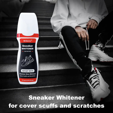 Make Your Kicks White Again With This Sneaker Whitener For Shoes That Works On Canvas Leather Foam And Rubber 2.53 Fluid Ounces With Wide Sponge Applicator For Quick Easy Coverage And Instant Yellowing Removal shown with sneaker.