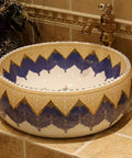 Knockout Round Ceramic Vessel Sink With A Dope Sprayed Enamel Finish Solid Pick For Countertop Setup Perfect Mediterranean Bathroom Washbasin Single Hole Ready Holds 12 Liters Daily, featuring intricate blue and gold patterns.