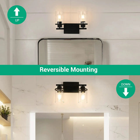 2-Light Matte Black Vanity Light Fixture With Clear Glass Shades, Vintage Wall Sconce Vibe For Bathroom, Bedroom, Living Room Or Hallway, E26 Base, Bulbs Not Included