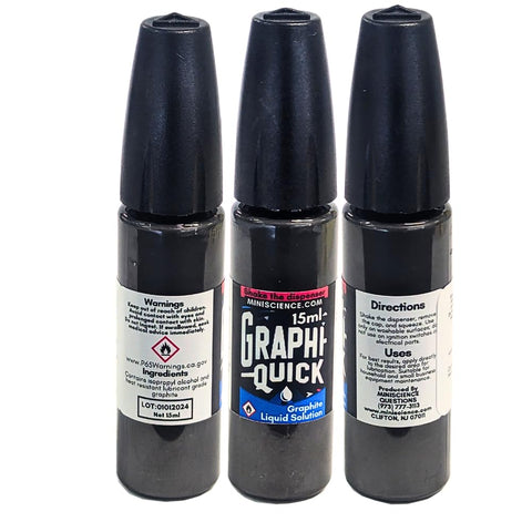 GraphiQuick Liquid Graphite Lubricant And Craft Enhancer with Precision Nozzle, 15ml bottles, shown from front and side views.