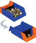 Sixty grey indicator bins for garage organization, featuring nuts in a blue and orange plastic bin. Heavy Duty Steel Shelving Rack With Adjustable Shelves And Sixty Grey Indicator Bins Rock Solid For Garage Organization And Workshop Storage 18 X 36 X 79 Inches Powder Coated Finish.