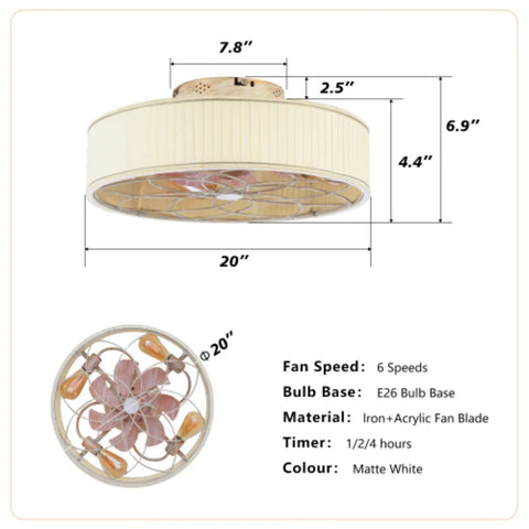 Yunstore mathishome Fabric-Style Bladeless Ceiling Fan with Remote Control (Bulb Not Included) in matte white, 20 inch size, with 6 speeds.