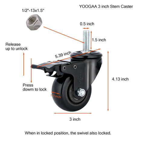 Heavy Duty 3 Inch Threaded Stem Casters Pack Of 4 With Dual Wheel Brakes Rock Solid Steel Build Smooth Swivel Rollers detailed dimensions view.
