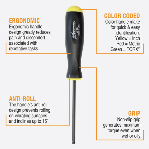 Set Of 13 Workhorse Balldriver Screwdrivers With ProGuard Finish, black handle, yellow color code, ergonomic cushioned grip