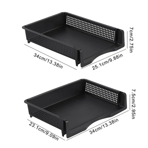 Stackable Paper Letter Tray Desk Organizer Set For Space Saving Mail And File Vertical Or Horizontal Layout Lightweight ABS Construction Easy Assembly Durable Office Desk Organizer For Home Or Office Use with tray dimensions shown.