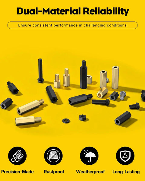 640 Piece M3 Brass And Nylon Standoff Kit With Male And Female Hex Standoffs Spacers Nuts And Screws For PCB And Circuit Board Builds Wide Range Of Sizes For Precise Easy Assembly Pro Grade, brass and nylon standoffs on yellow background