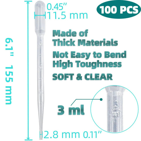 Image showing a single 3mL plastic pipette with measurements and text highlighting toughness, perfect for 100 Pack 3mL Disposable Plastic Pipettes Dropper For Precise Liquid Transfer And Strong Suction Perfect For Essential Oils Resin Crafts Labs Kids Activities DIY Art Projects.