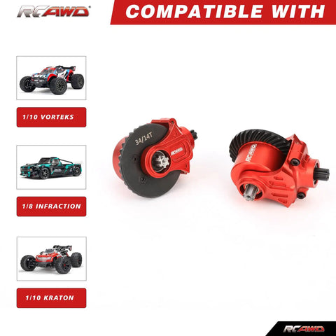Two Piece 34T Differential And 13T Helical Gear Set For Arrma 1 To 10 And 1 To 8 Transmissions in chrome steel with red housing