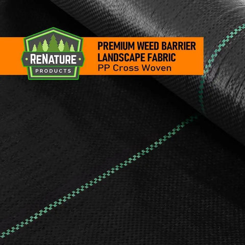 Heavy Duty Weed Barrier Landscape Fabric 3ft By 100ft Ground Cover For Gardening And Farming 3.2oz Permeable Black Polypropylene Cloth Professional Grade Weed Control Easy Install close-up view with company logo