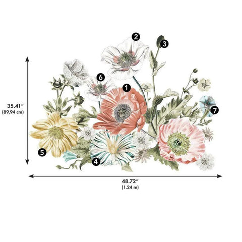 Vintage Poppy Floral Peel And Stick Wall Decals Set Of 15, featuring colorful poppy designs, measuring 48.72" x 35.41".