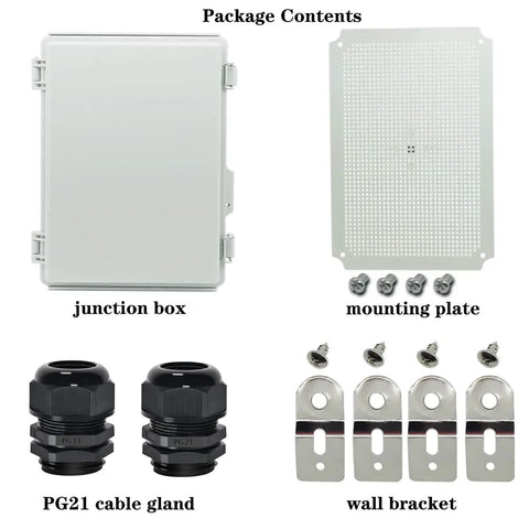 Package contents of Rugged IP67 Waterproof Junction Box With Hinged Cover, mounting plate, wall bracket, and cable glands.