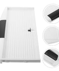 Slick Slide Out Under Desk Keyboard Tray With Heavy Duty Clamp Mount features a smooth white surface and a black grip handle.